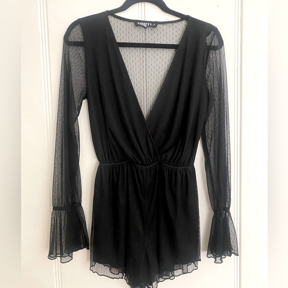 Audrey 3+1 Long Sleeve Romper with Sheer Back and Sleeves, Black, Size S